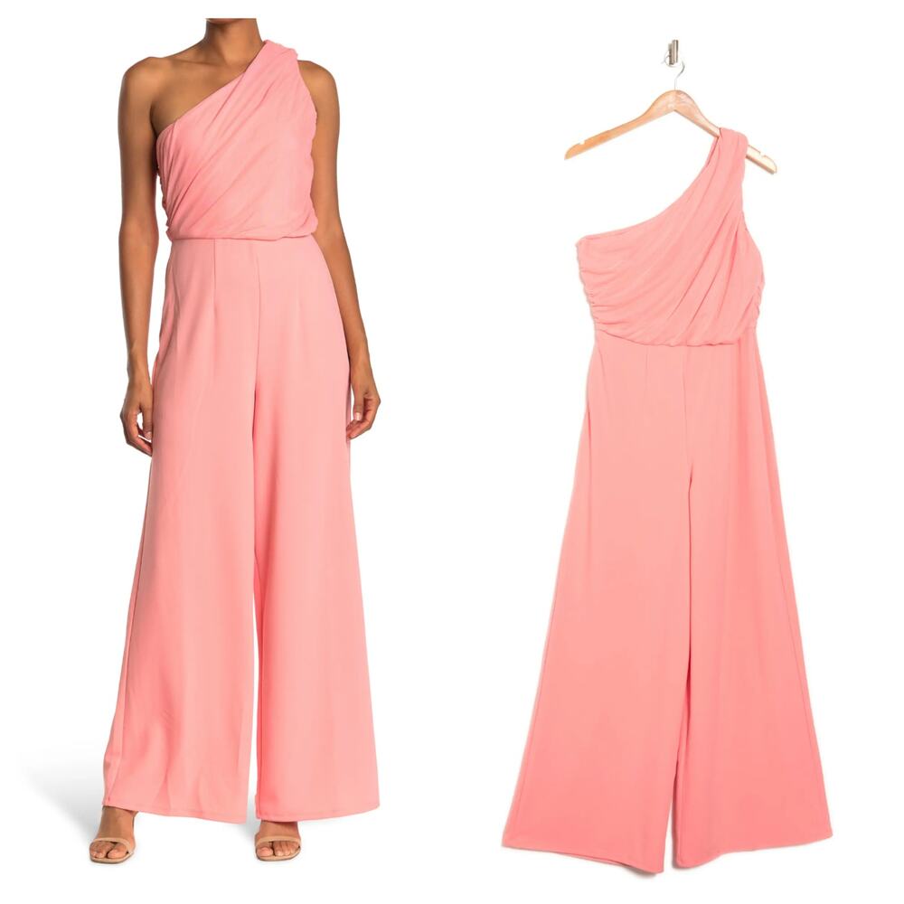 LOVE X DESIGN Ava One-Shoulder Wide Leg Jumpsuit in Rose Petal Pink Size XL